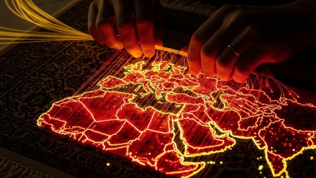 Conceptual 3D image of hands weaving a glowing red digital map of the Middle East and Iran into a traditional Persian carpet. Perfect for news on technology, geopolitics, and regional strategy.