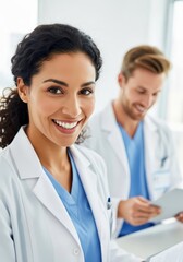 Fototapeta premium Three nurses walking down a hospital hallway smiling and looking at each other happily