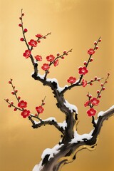 Naklejka premium Contemporary oriental ink art of plum blossoms in snow, bold black ink strokes combined with delicate gold detailing, soft golden winter background, harmonious blend of tradition and modern luxury