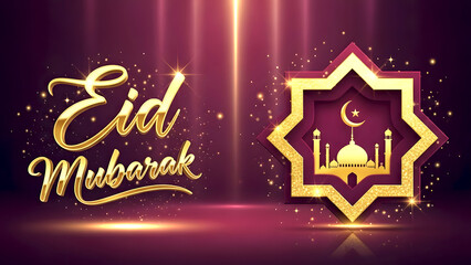 Eid mubarak greeting with mosque and crescent moon design