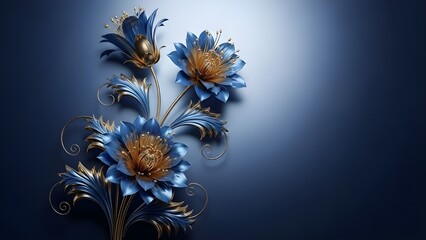 Dise&ntilde;o de papel tapiz 3d flores azules doradas.