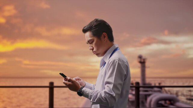 Side View Of An Asian Male Professional Worker Standing With His Smartphone at the Deck of a Large LNG Tanker or Offshore Energy Platform at Sunset, Checking With Dissapionted And Nodding His Head 