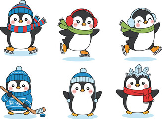 Cute cartoon penguin character set wearing winter clothes skating and playing hockey isolated on white background for winter holiday season