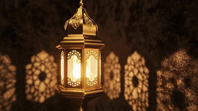 Luxury Golden 4K Seamless Loop Animation of Hanging Islamic Lantern (Fanous) Casting Arabesque Shadows for Ramadhan and Eid Celebration