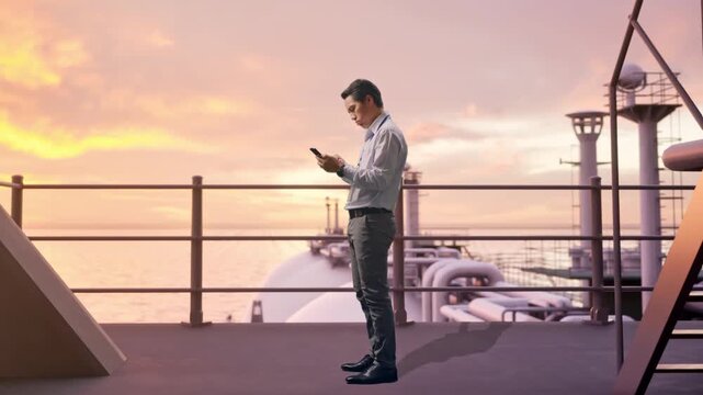 Full Body Side View Of An Asian Male Professional Worker Standing With His phone at the Deck of a Large LNG Tanker or Offshore Energy Platform at Sunset, He Is Nodding His Head With Dissapionted
