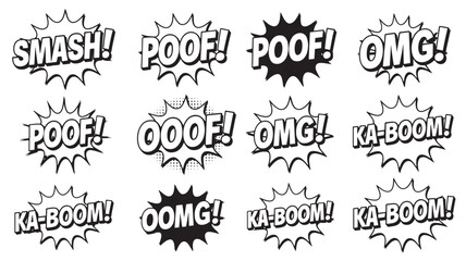 Obraz premium Comic book speech bubbles with onomatopoeia in bold black and white for graphic novels and cartooning