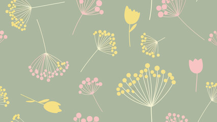 Obraz premium Elegant floral pattern with dandelions and tulips on soft green