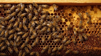 Hierarchy, A detailed cross-section of a beehive showcasing the intricate hierarchy and organization of bees within their natural habitat.