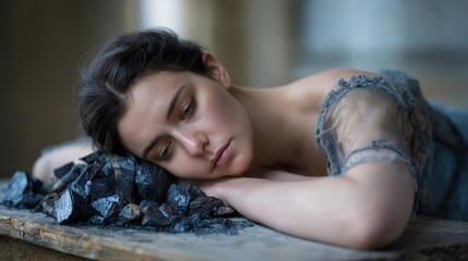 Charcoal resting on a flat surface, matte black fragments with subtle dust details symbolizing earthiness, strength, and natural resources. cinematic color correction, natural uneven lighting yet