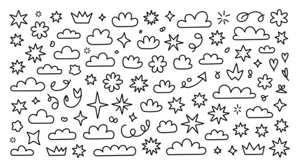Whimsical Cloud and Star Icons in Simple Line Art Style with Black Outline on White Background for Graphic Design