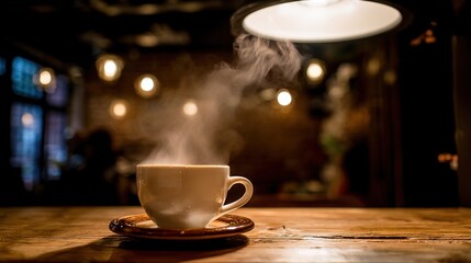 Fototapeta premium Steaming hot latte cup on an elegant cafe table, evoking a warm morning breakfast atmosphere.