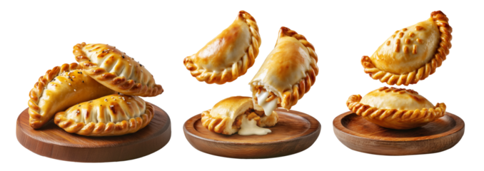 Fried baked pastry empanadas filled with ground beef cheese ham and crimped edges on wooden plate, isolated on white background