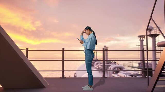 Full Body Side View Of Asian Female With Her Phone at the Deck of a Large LNG Tanker or Offshore Energy Platform at Sunset, She Is Nodding Her Shead With Dissapionted