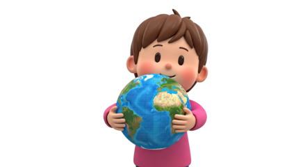 3D cartoon child holding planet Earth
