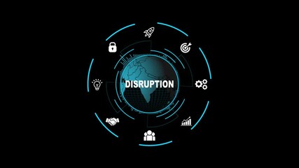 Digital Disruption and Market Innovation Concept with Futuristic HUD Interface, Change Icons, Global Map and Technology Shift Visualization