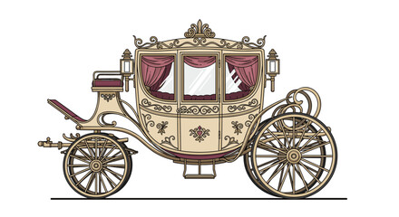 Fototapeta premium Exquisite royal horse drawn carriage with ornate gold decorations purple curtains and large wooden wheels colored artwork.