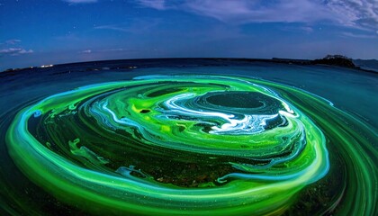 Vibrant Green Light Trails Over Dark Water.