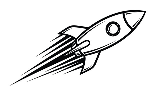 Classic retro rocket ship illustration blasting off with speed lines behind it in a simple black and white vector line art style for kids.