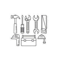 Obraz premium Minimalist Construction and Repair Tools Line Art Icon Set. Home DIY Equipment Outline Vector. Hammer, Wrench, Saw, Toolbox.