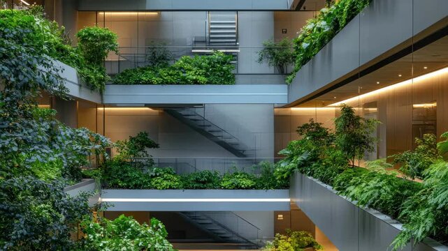 Modern architectural design featuring green indoor landscaping in a multi-level building atrium