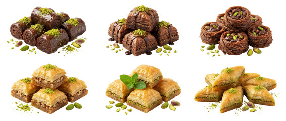 Assortment of Delicious Baklava Pastries with Pistachios and Mint