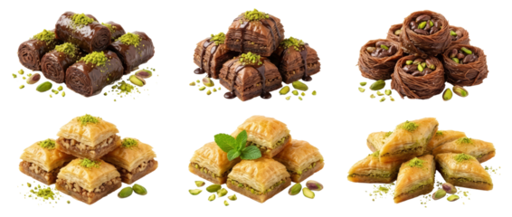 Assortment of Delicious Baklava Pastries with Pistachios and Mint
