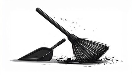 Creative graphic of a black sweeping brush and shovel collecting dust, symbolizing hygiene, order, and housework routine.