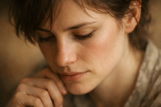 A close up portrait expressing quiet shame, inner conflict, and self reflection. A subtle emotional state between guilt, worry, and moral awareness, suitable for psychological and ethical themes.