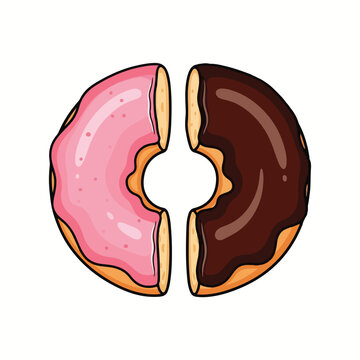 A cartoon illustration of a pink and chocolate frosted donut split in half