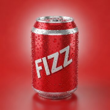 Bright red beverage container glistens with condensation against a gradient background.