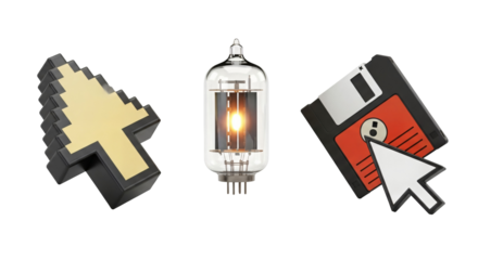 Retro computer symbols and vacuum tube isolated