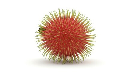 Spiky tropical fruit with red body and greenish soft hairs sits on white surface