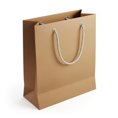 Simple brown paper shopping bag with twisted rope handles stands isolated on a white background