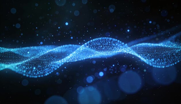 Abstract wave particle blue background digital science technology data motion blue light data stream technology background digital particle smooth curve motion blur dark background futuristic design
