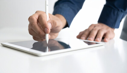 Close up hand holding stylus pen on tablet screen, digital drawing, graphic design, creativity work, modern office desk, technology device, business professional focus