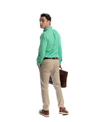 Fototapeta premium Stylish man holding briefcase and looking back