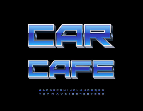 Vector stylish template Car Cafe. Blue and Metallic Techno Font. Trendy Alphabet Letters and Numbers set.
