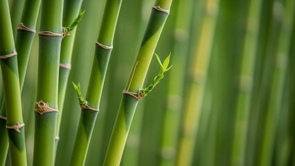 Fototapeta premium Bamboo stems on blurred green background, closeup