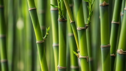 Fototapeta premium Bamboo stems on blurred green background, closeup
