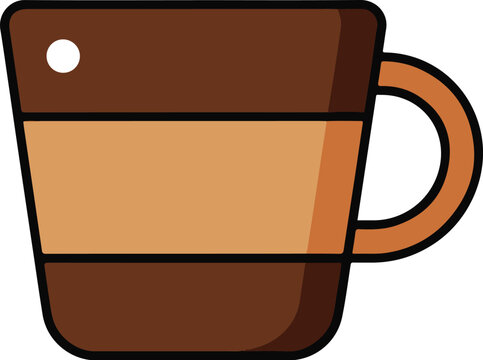 A simple brown coffee cup with an orange handle and a horizontal caramel-colored band around its body on a white background