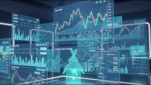 Futuristic Data Analysis Interface Displaying Various Graphs and Charts in a High-Tech Control Room