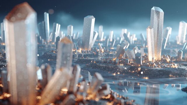 Future global industrial landscape powered by rare earth materials, crystalline minerals integrated into clean and advanced infrastructure systems, cinematic depth of field, balanced light and shadow