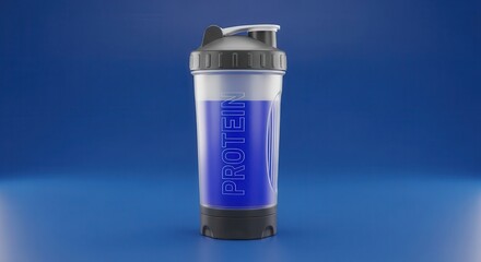 Translucent container holding bright blue liquid stands against a solid deep blue background