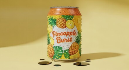Beverage container with tropical fruit graphics sits on a pale yellow surface with condensation drops.