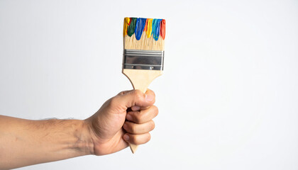 Hand paintbrush colorful paint stroke tool creativity white background closeup male grip firm control art design