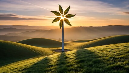 Wind Turbine in Rolling Hills at Sunset.