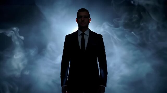 Powerful, unidentifiable human figure in dark business suit, dramatically backlit silhouette against minimalist black void with swirling smoke; medium-wide video emphasizing resolute challenge and