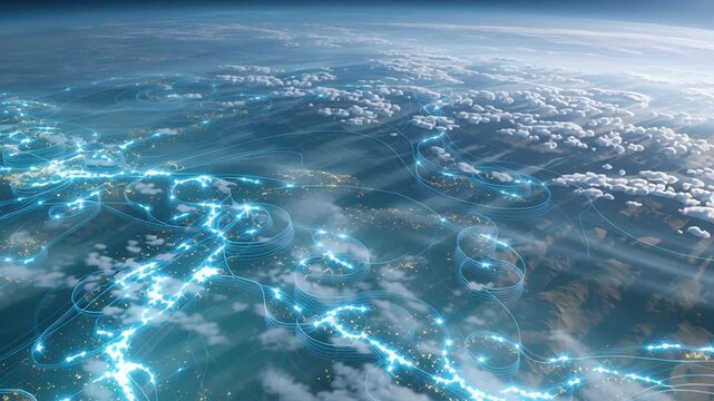 Global energy storage network illustration, interconnected storage systems and rare earth mineral flows forming an abstract world pattern, atmospheric clarity with structured lighting, realistic 
