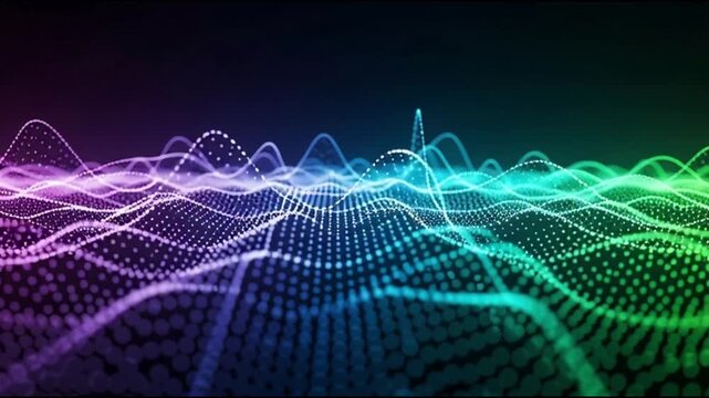 Vibrant digital waves undulate across a dark landscape viewed from a futuristic perspective