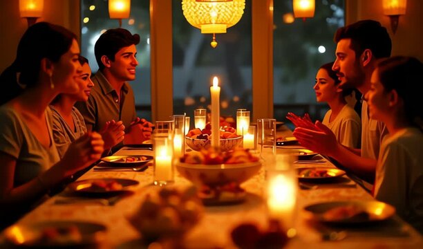 A warm dinner table glows with candlelight, friends smiling across a softly set spread; ambient lanterns cast honeyed shadows, creating an intimate, festive mood as chatter rises gently; 4K and HD 